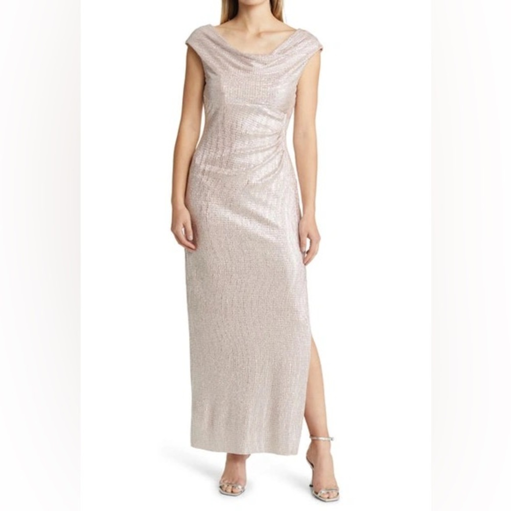 Pale Blush Cowl Neck Evening Gown